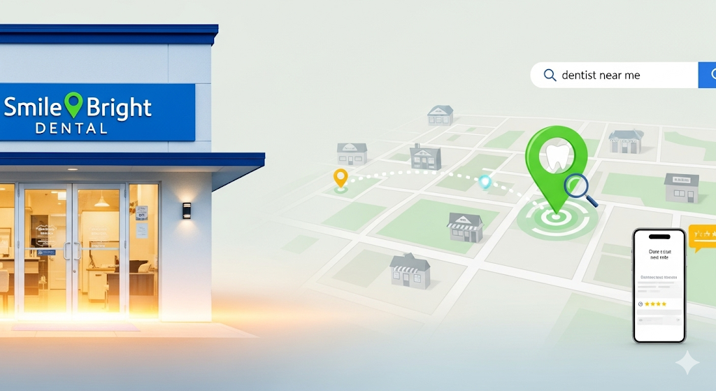 A stylized image showing the exterior of a modern dental office with a search bar above it displaying "dentist near me." A green location pin with a tooth icon is dropped on a map, and a smartphone displays positive reviews, visually representing how local SEO connects a dental practice to nearby patients.