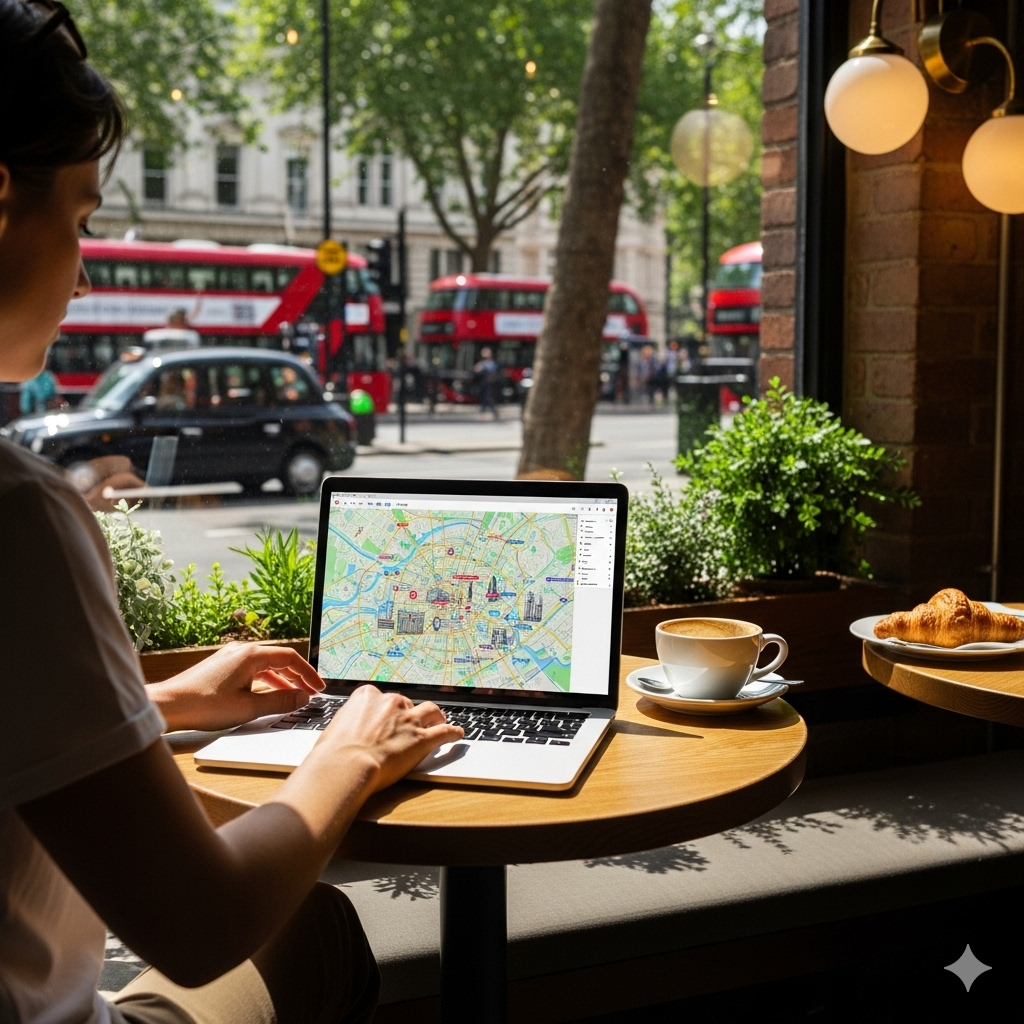 A person uses a laptop in a London cafe with a map on the screen