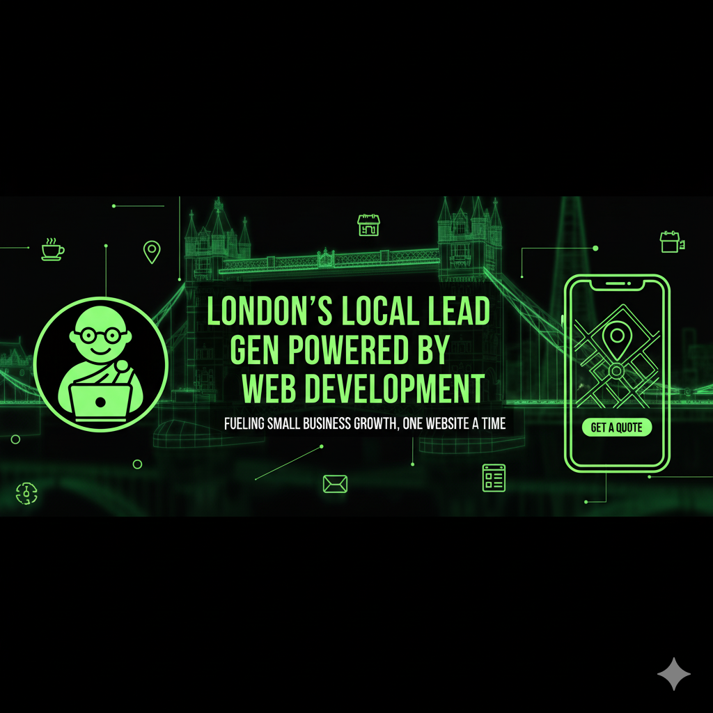 A sleek, neon green and black banner for a London-based website development agency, highlighting their services for local lead generation for small businesses.